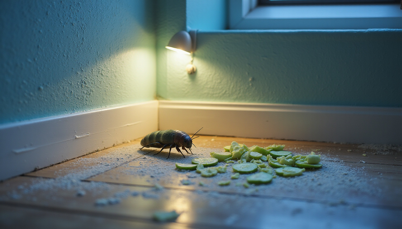 Nighttime corner with diatomaceous earth dusted baseboards, natural glue traps and cucumber peels