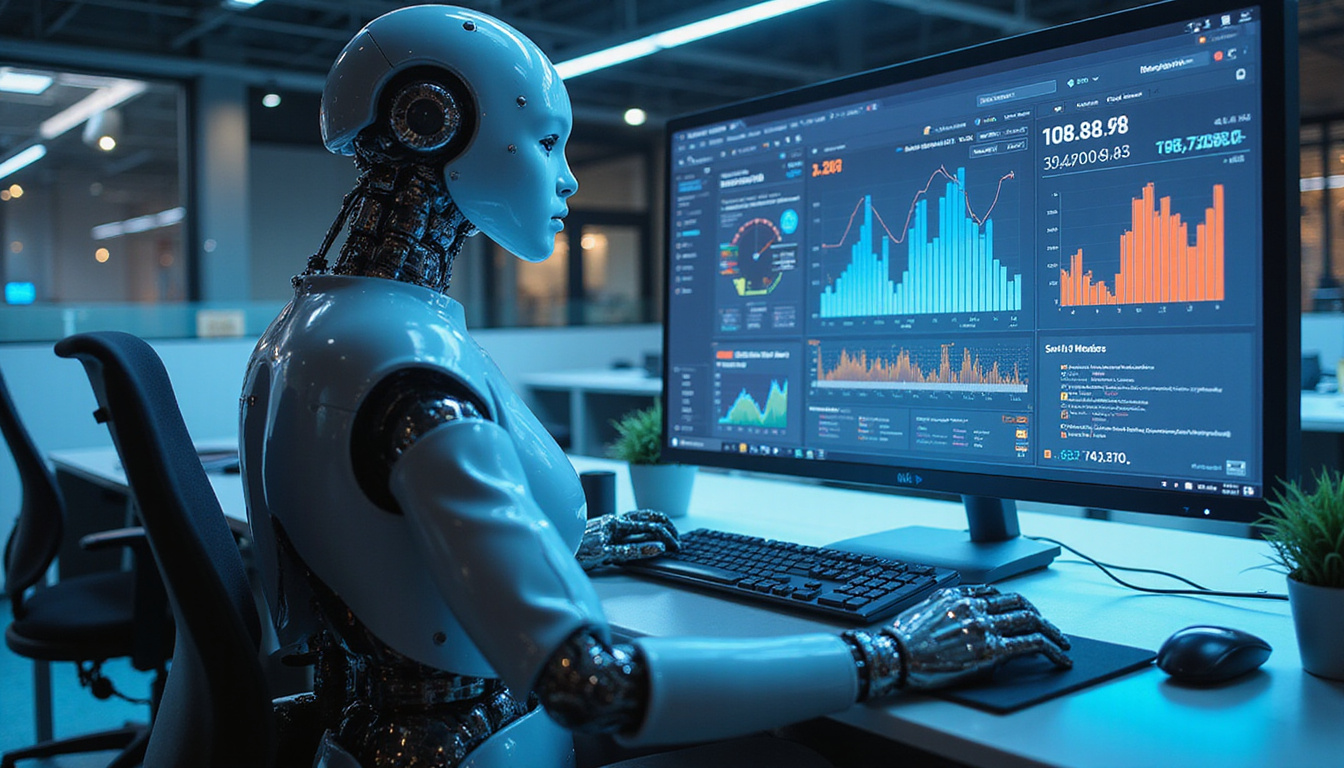  High-tech office where robotic assistants automate tasks, sparkling data streams and ascending performance meters