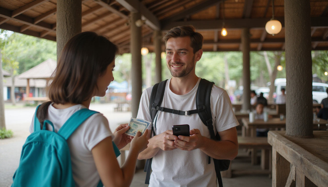Backpacker comparing local SIM packages at Balinese warung, cash, smartphone, smiling vendor
