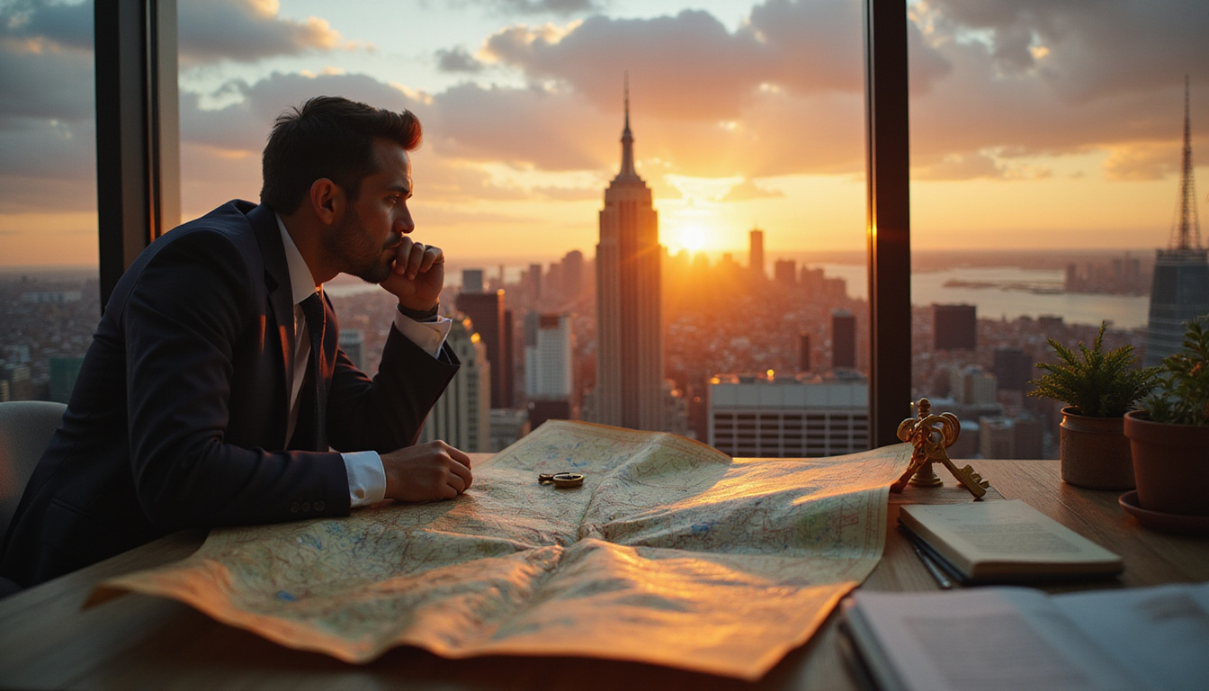  Real estate agent whispering, secret handshake over vintage map, brass keys gleaming at dusk skyline