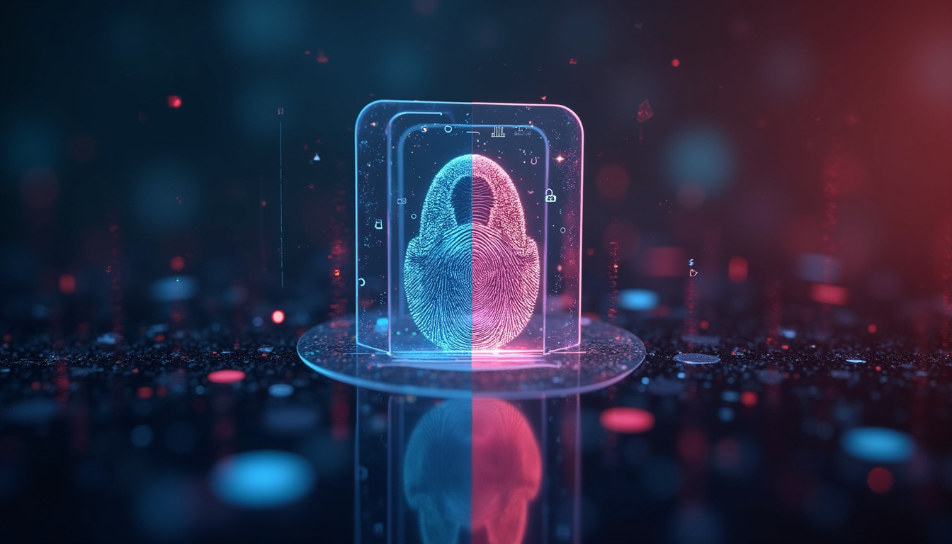  Holographic lock and fingerprint split by translucent shield, cryptographic symbols validate without sharing data