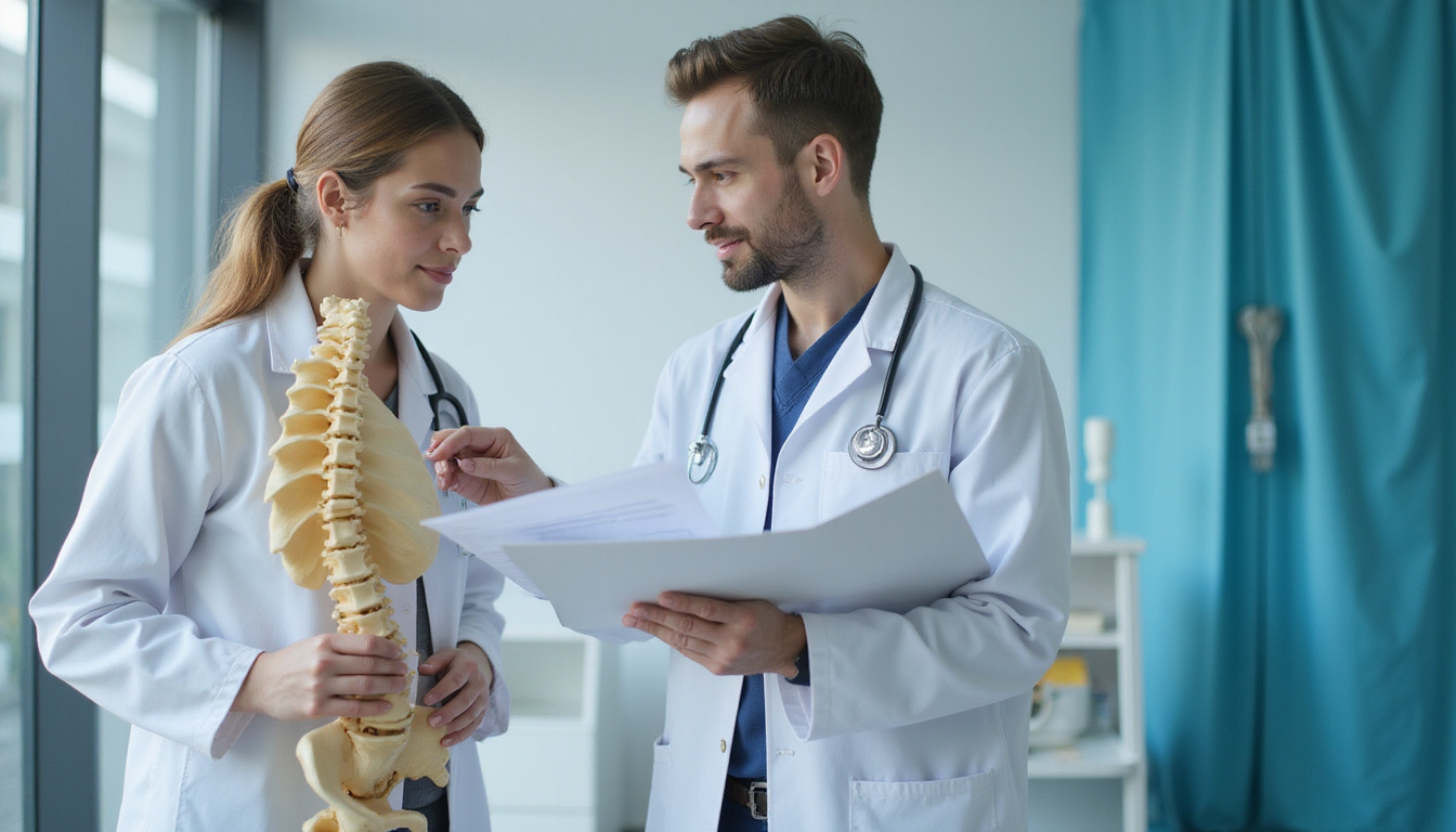  surgeon and physical therapist reviewing recovery plan beside optimistic patient, anatomical spine model