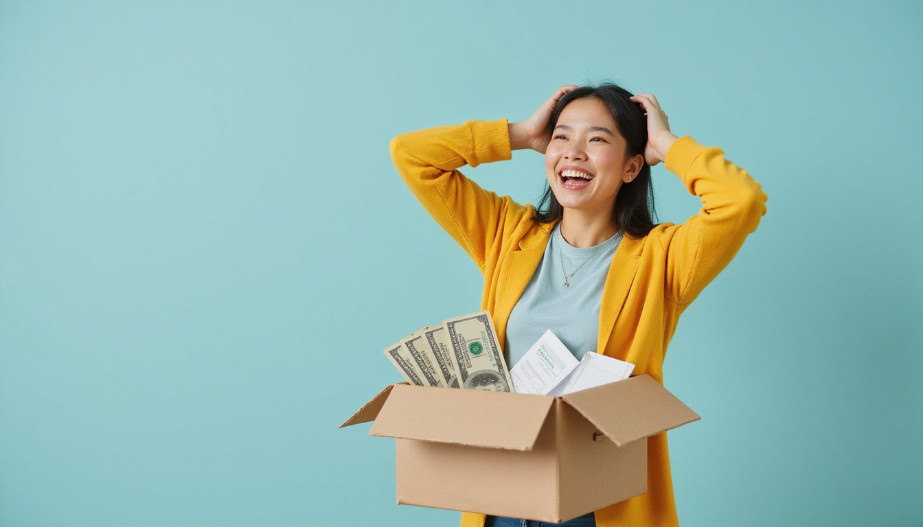  Relieved homeowner high-fiving mover, headache icon fading, dollar bills and receipts