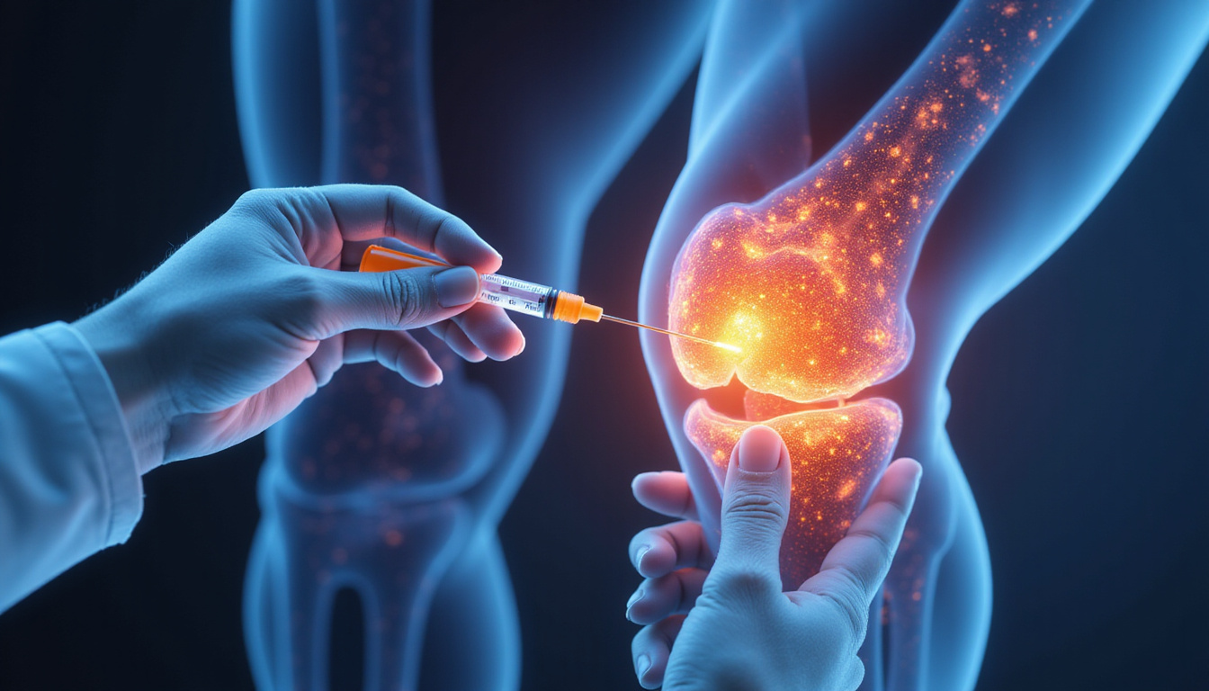  Ethereal medical illustration of PRP injection into arthritic knee, microscopic cells repairing cartilage