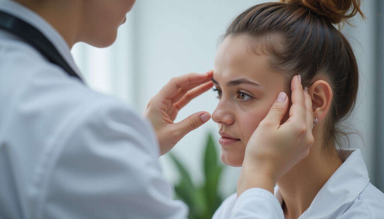  Close-up scalp care scene, expert dermatologist assessing hair regrowth, soft lighting, hopeful atmosphere