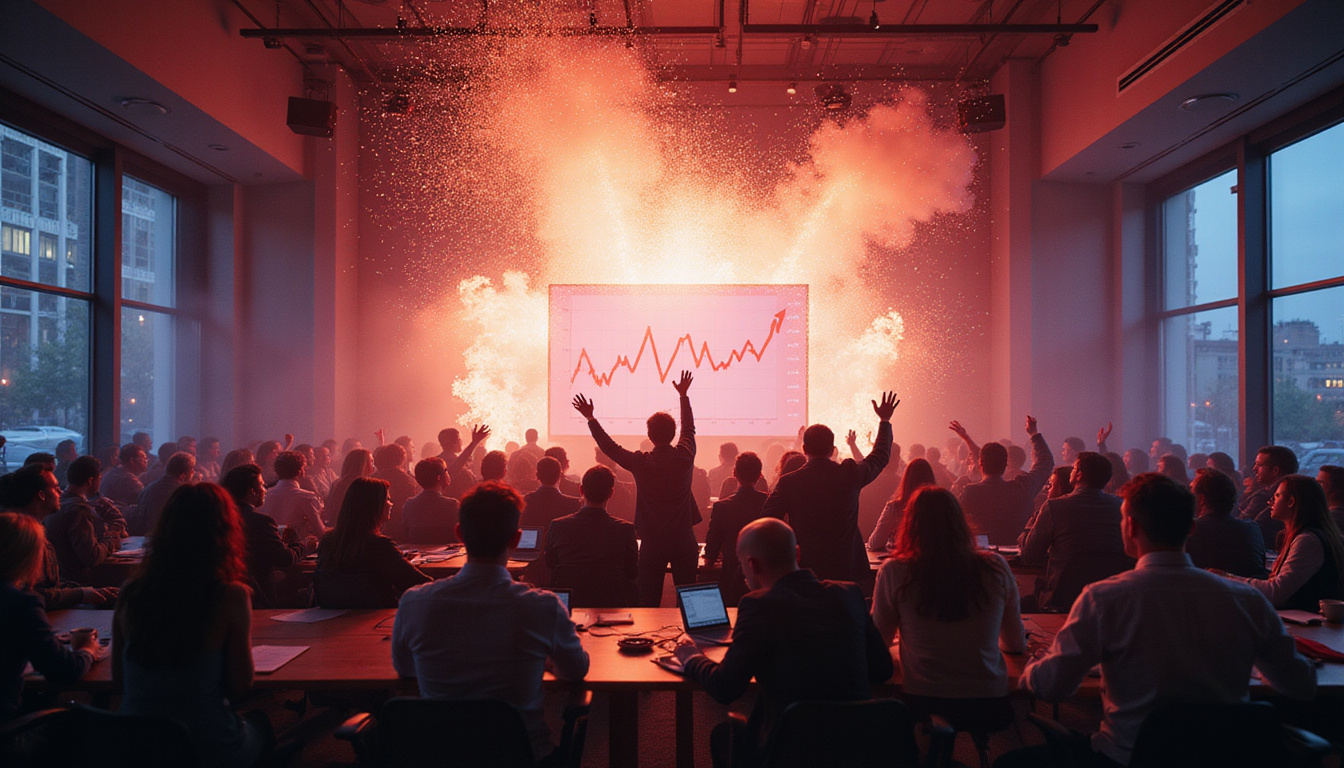 Boardroom celebration as retention and revenue graphs explode upward, diverse team cheering, cinematic lighting