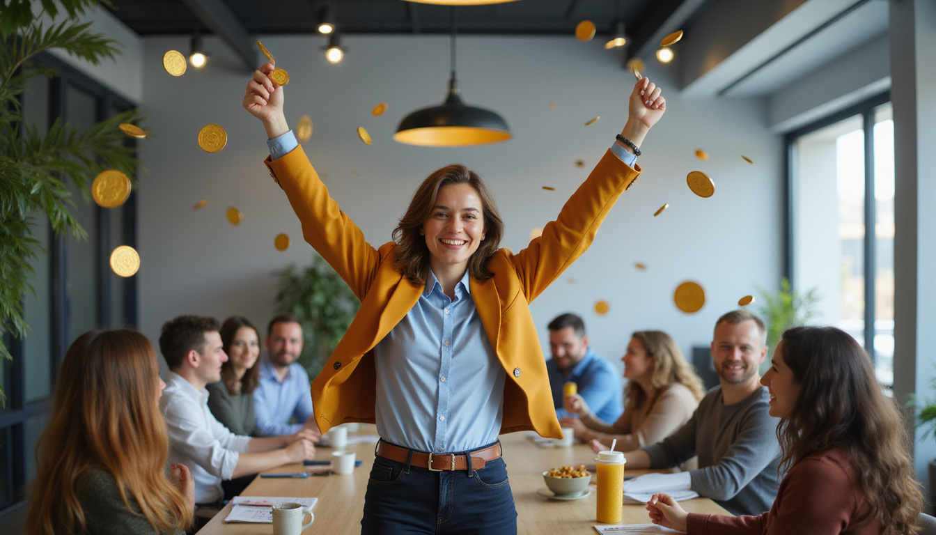  Team leader celebrating promotion with higher pay, golden coins, cheering colleagues, modern office
