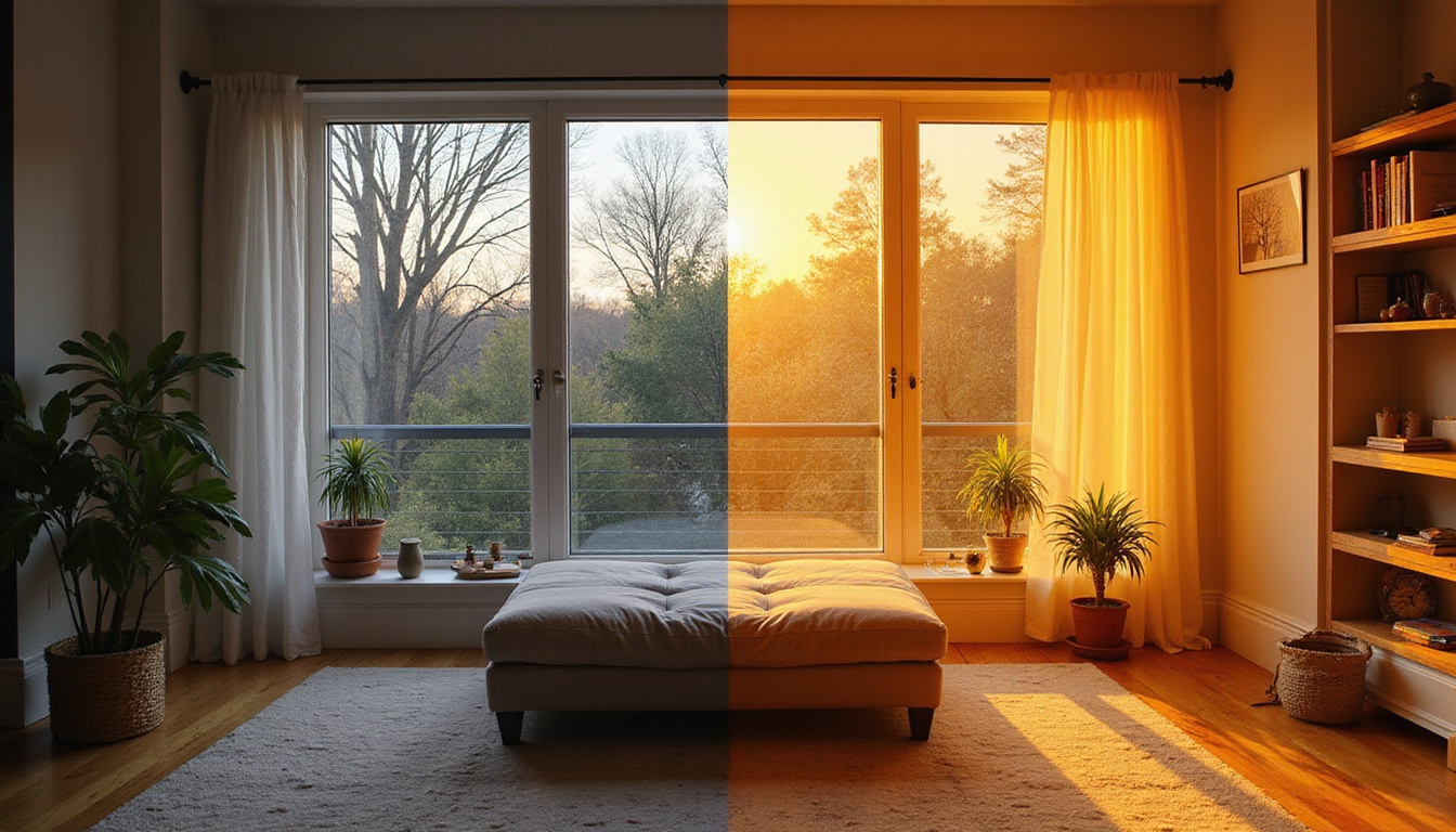  Split-screen before and after: drafty cold home vs insulated, LED-lit comfortable family home, golden light