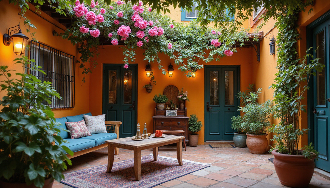  Charming boutique courtyard, bougainvillea, vintage furnishings, cozy budget room, warm lantern light