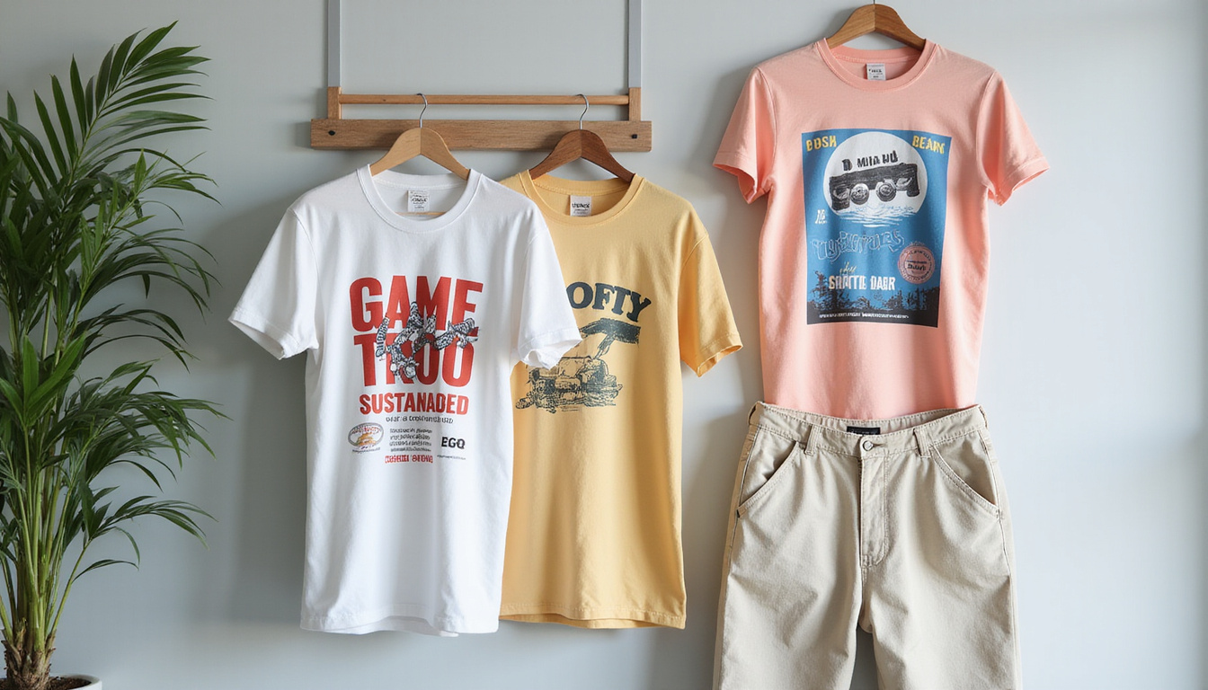  Capsule wardrobe flat lay: sustainable tees, linen trousers, wooden hanger, minimalist labels, soft natural light