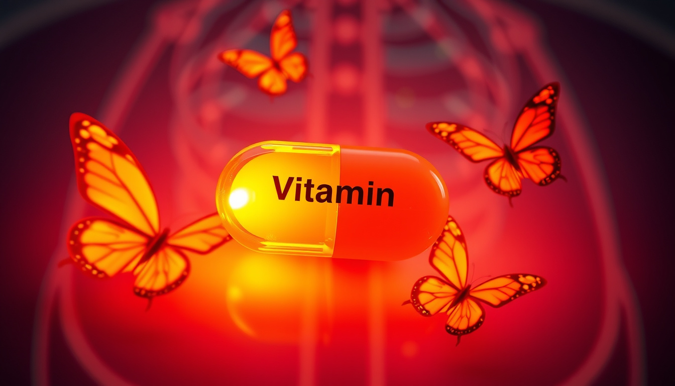  Close-up vitamin D3 capsule glowing, mood uplift illustrated by warm butterflies, healthy bones silhouette