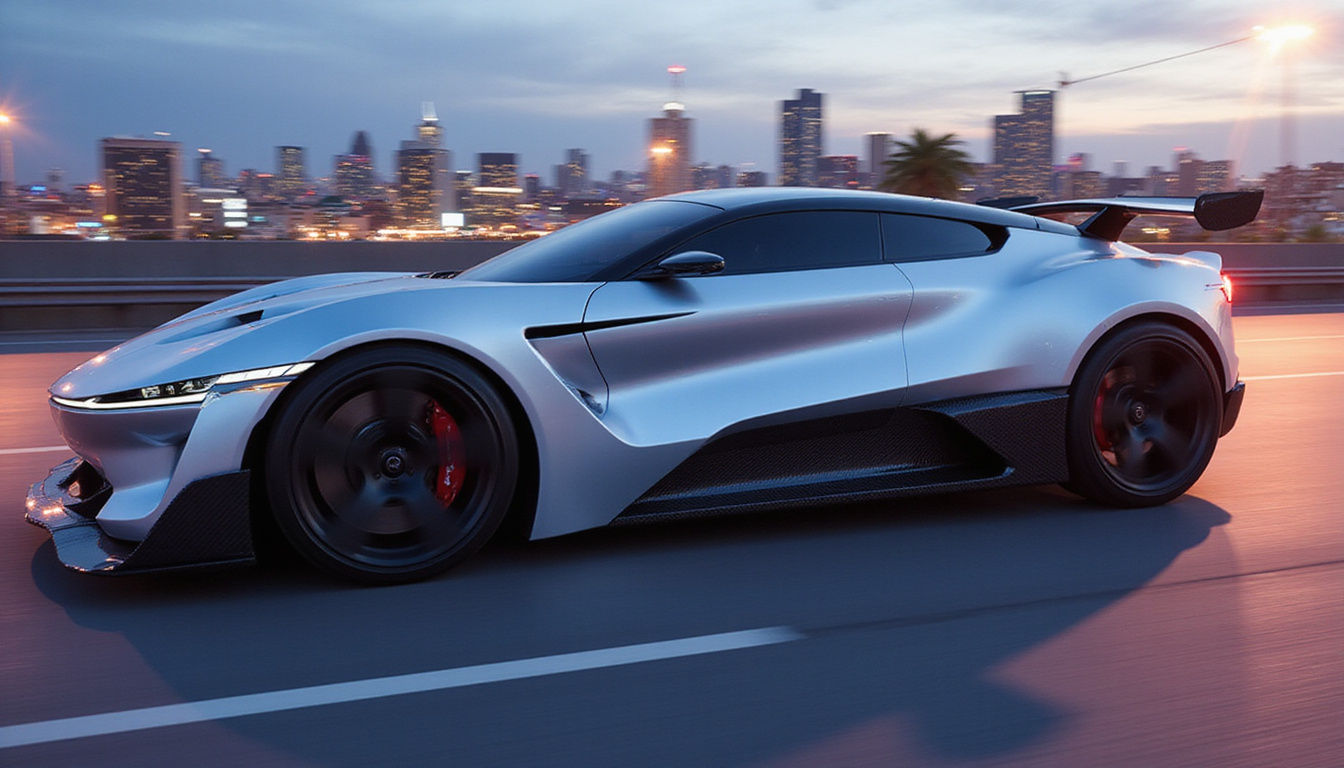  Aero-optimized EV in motion, adaptive spoiler adjusting for dynamic stability, wheel vents, cinematic dusk cityscape