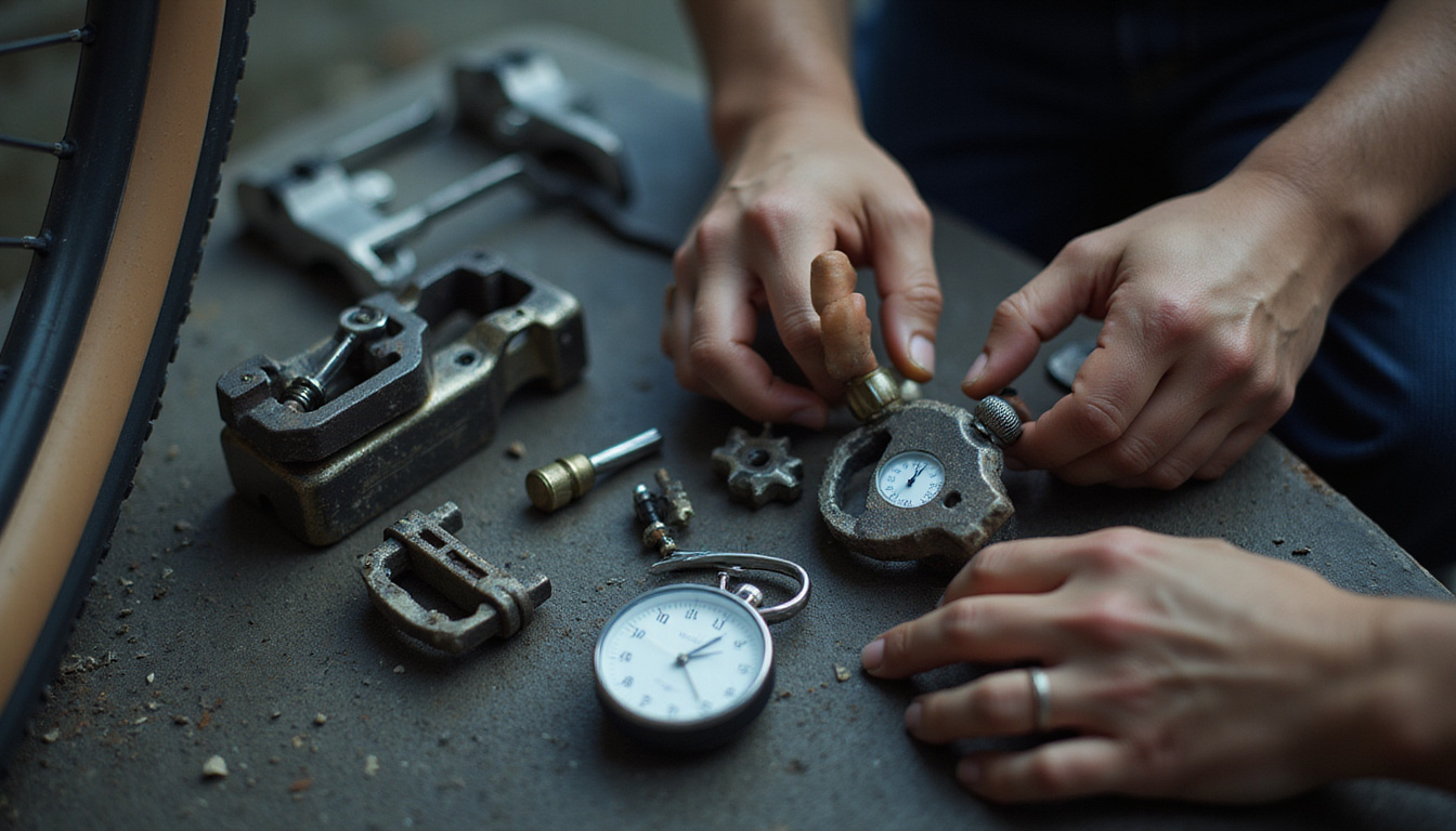 Pit-crew hands arranging precision tools, stopwatch, cleats, bike tire, gritty texture, cinematic close-up