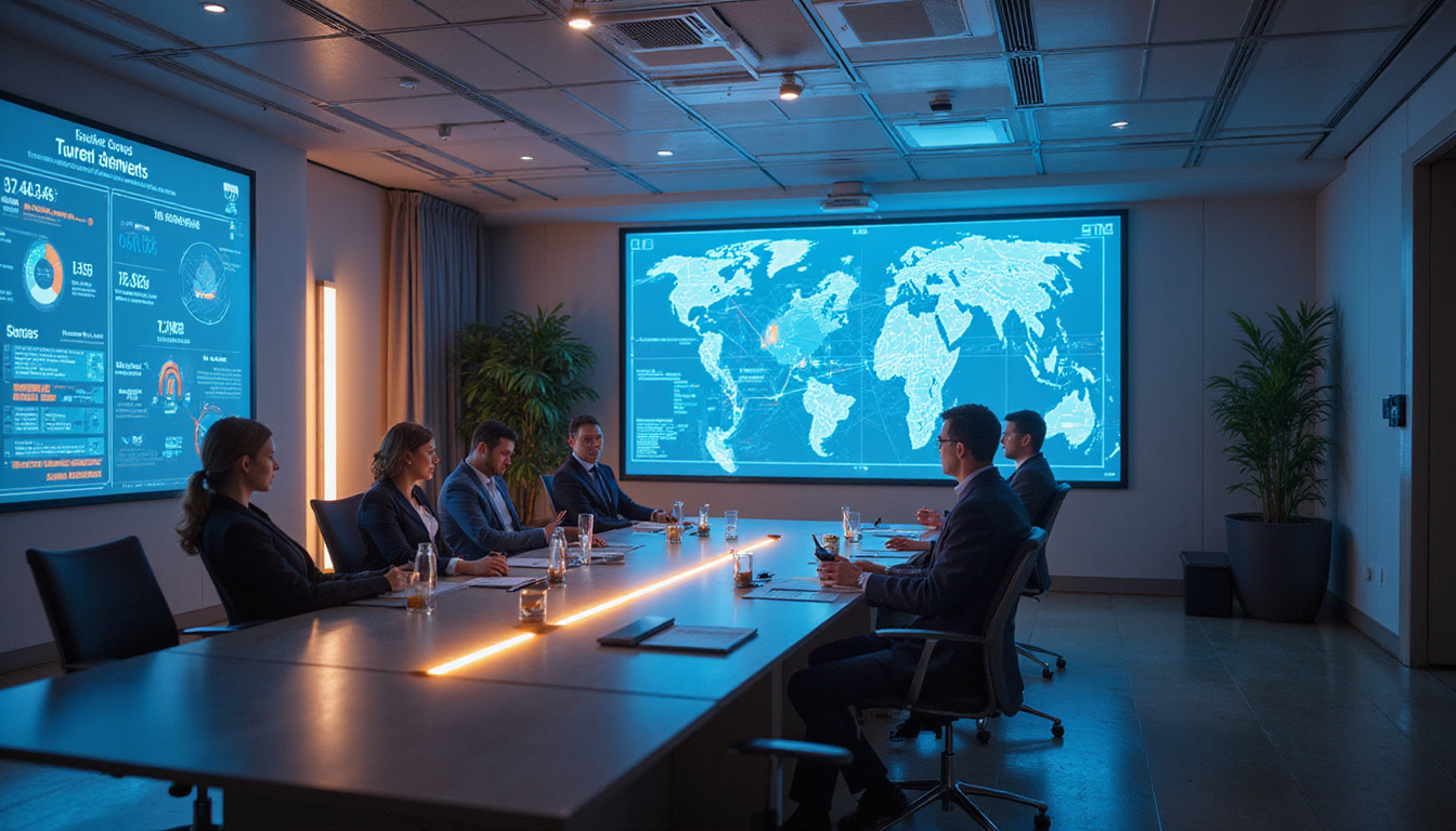 Futuristic boardroom with diverse leaders deploying agile robotic agents optimizing workflows, glowing strategy roadmap