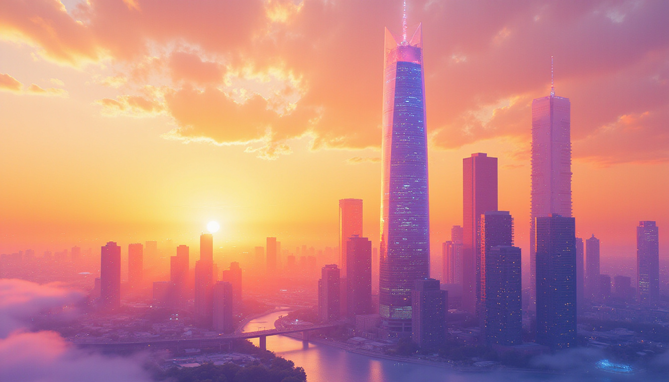 Vibrant digital dashboard rising like skyscraper, conversion graphs, leads flowing through pipeline, golden sunrise