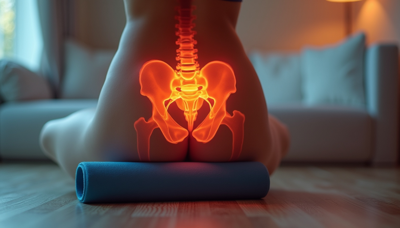  Close-up of pelvis with glowing sacroiliac joint, heat pack, foam roller, calm morning light