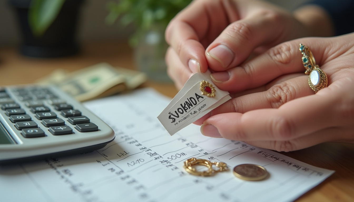  Close-up hands labeling vintage jewelry and porcelain with prices, ledger, calculator, cash