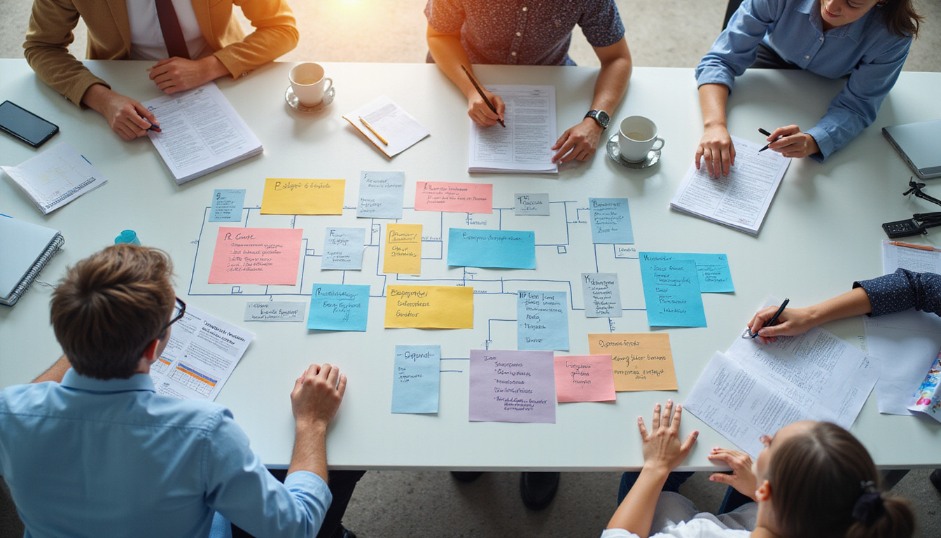  Overhead view of streamlined workflow: color-coded queues, smiling agents, satisfied customers, warm light