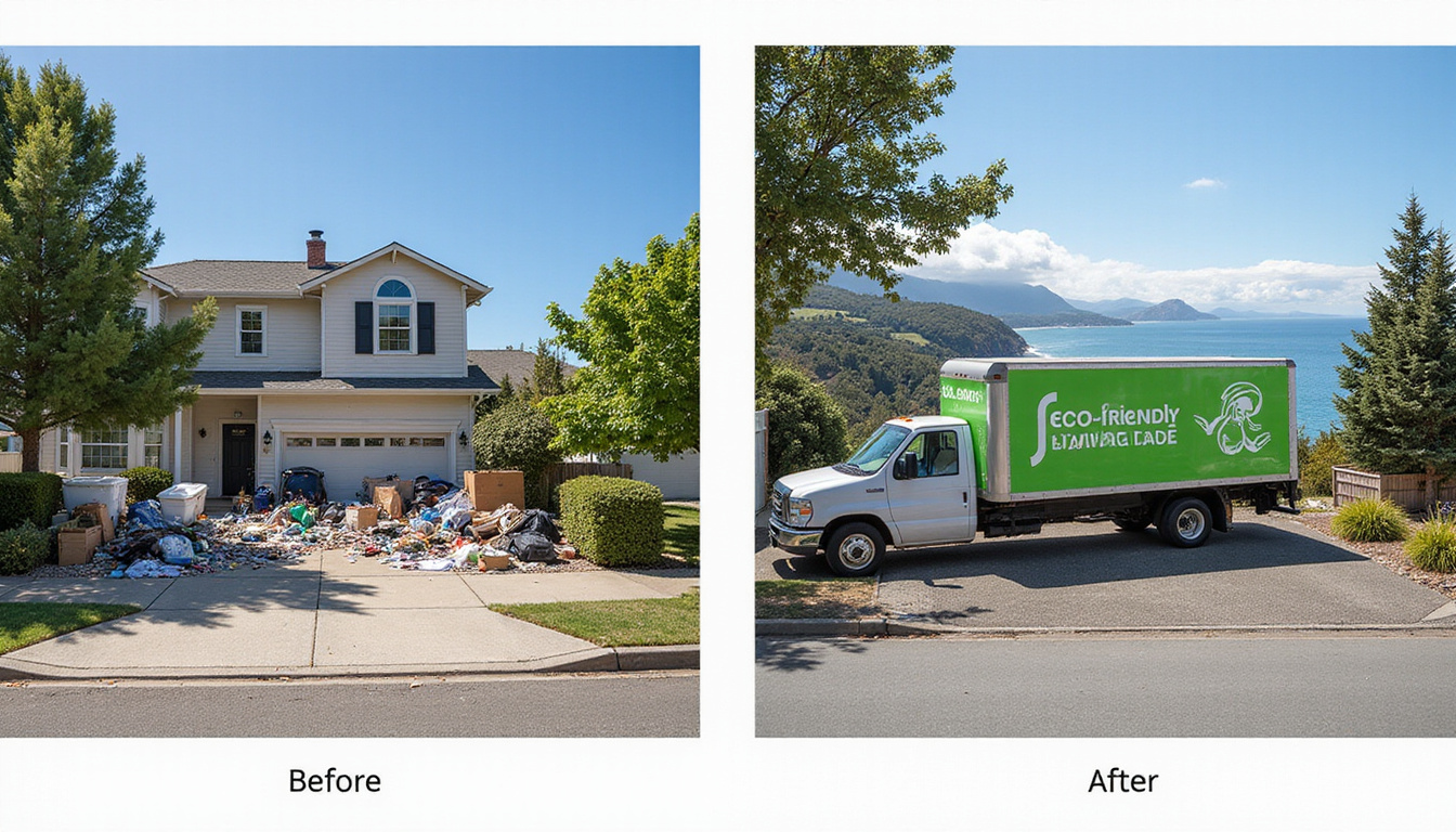  Before-and-after driveway transformation, clutter cleared into eco-friendly truck, cash icons, coastal skyline