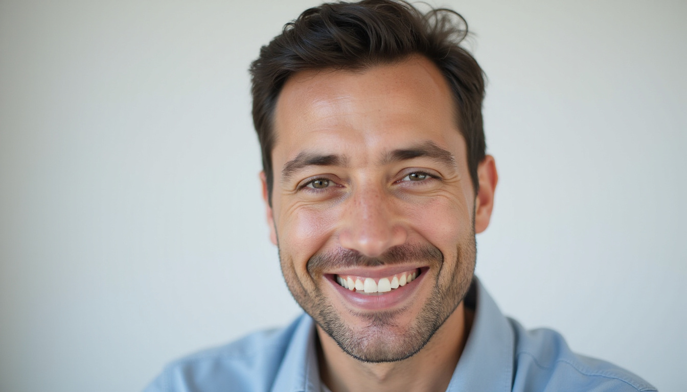  After photo: smiling man with dense-looking scalp, renewed confidence, soft studio lighting