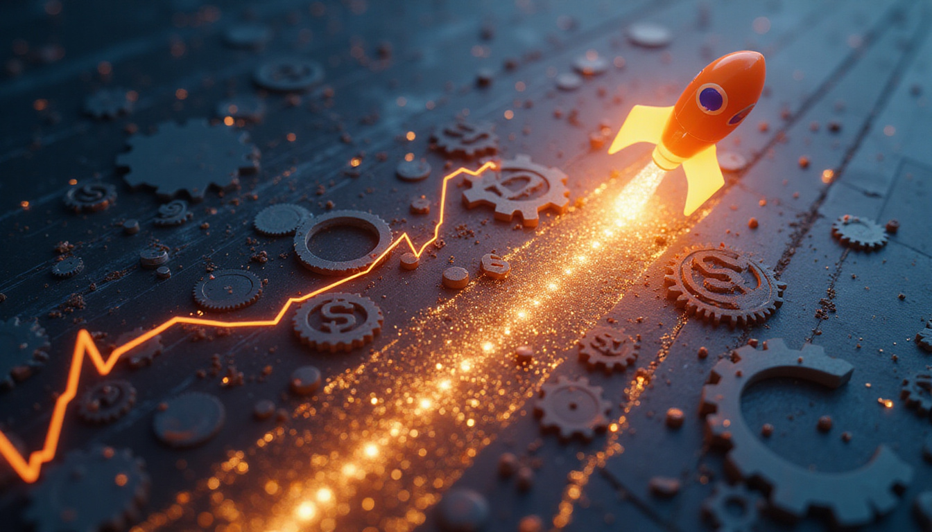  abstract revenue pipeline made of gears and data streams, rocket accelerating upward, golden light