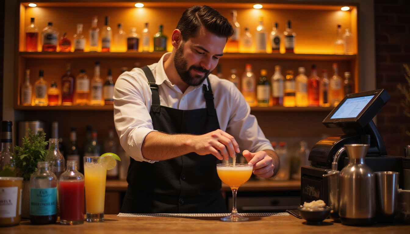  Confident mixologist teaching upsell techniques, cocktail theater, cash register overflowing, warm cinematic lighting