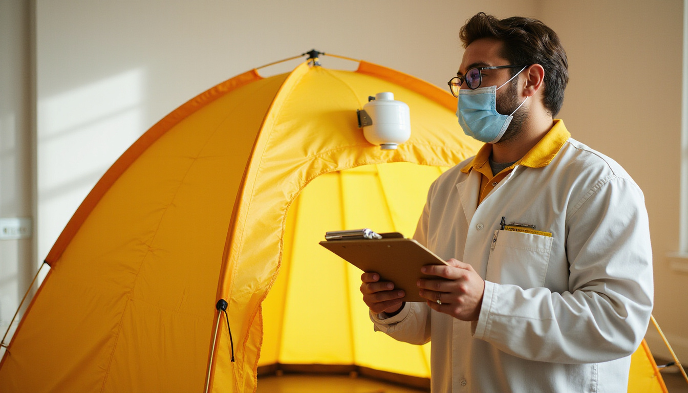  Affordable professional alternative: friendly technician setting containment tent, HEPA filter, cost estimate clipboard, before/after