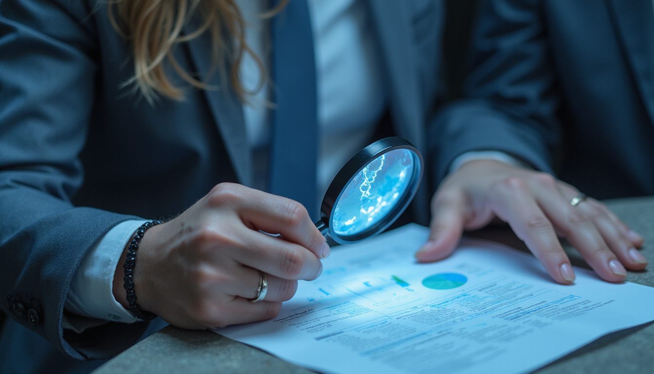  Consultant advising client with magnifying glass over government contract records, secure cloud analytics glowing