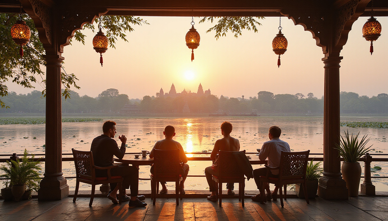  Tranquil deck scene with travelers sipping tea, ornate lanterns, lotus reflections, Philae temple distant