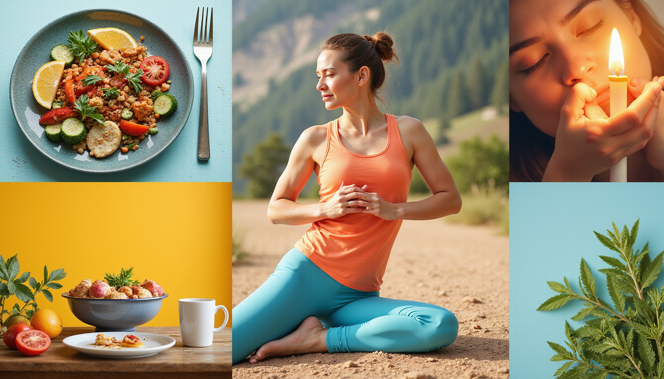  Vibrant lifestyle collage: Mediterranean plate, jogging person, sleep, yoga, herbs, symbolic healing light