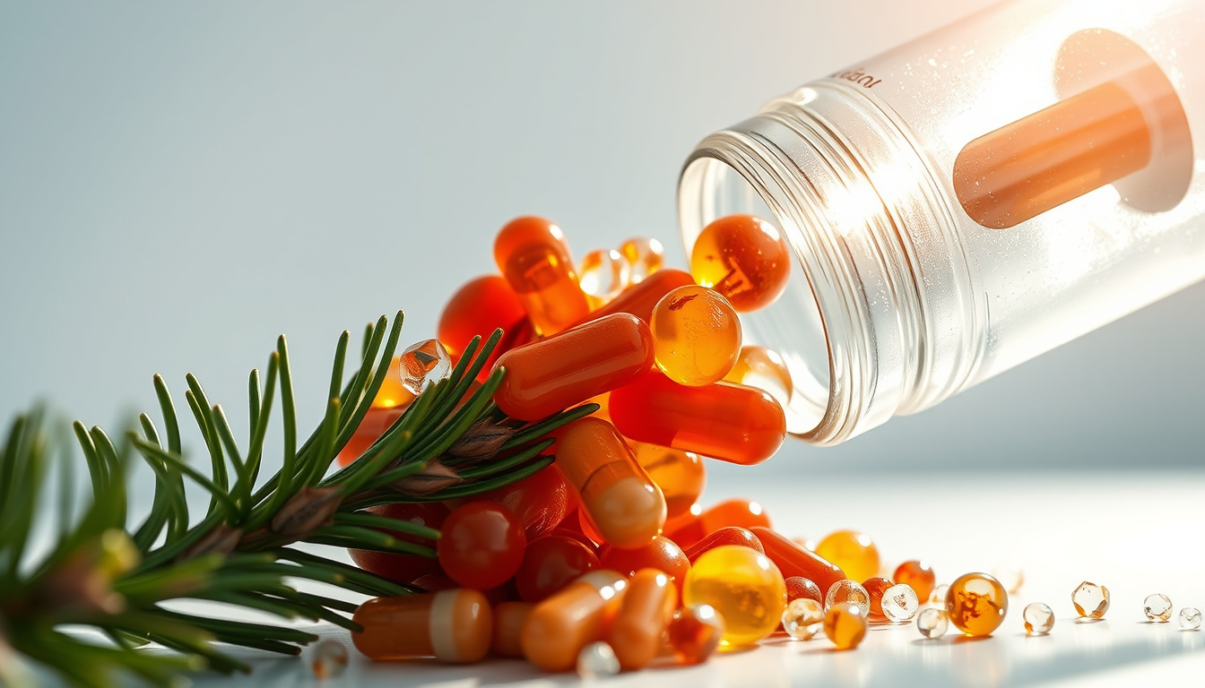  Close-up pine bark and capsules dissolving into shimmering antioxidant particles, clinical glass vial, soft sunlight