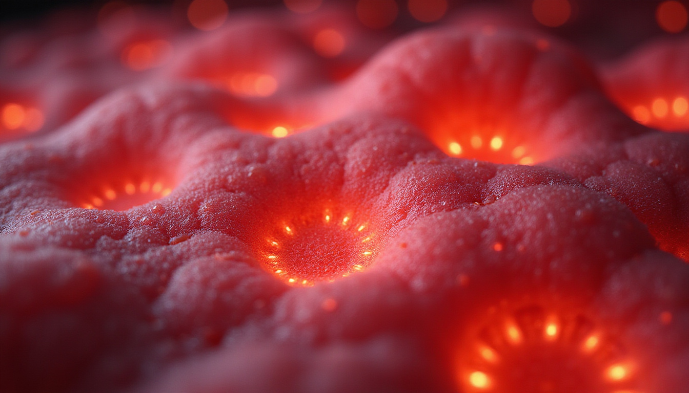  Macro close-up glowing pores, circulation warmth depicted as soft red glow, translucent steam