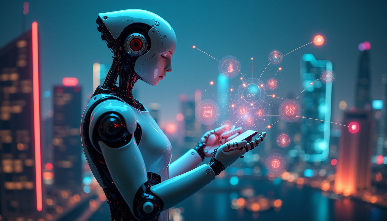  Robotic assistant reorganizing glowing resource nodes, neon data streams mapping efficiency, sleek corporate skyline