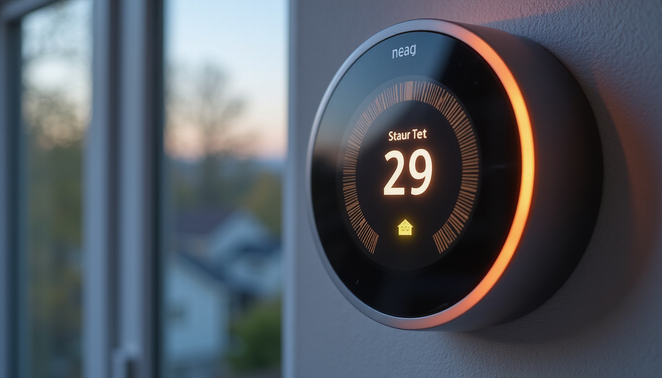 Smart thermostat display glowing, double-glazed windows, solar battery, rising property value sign