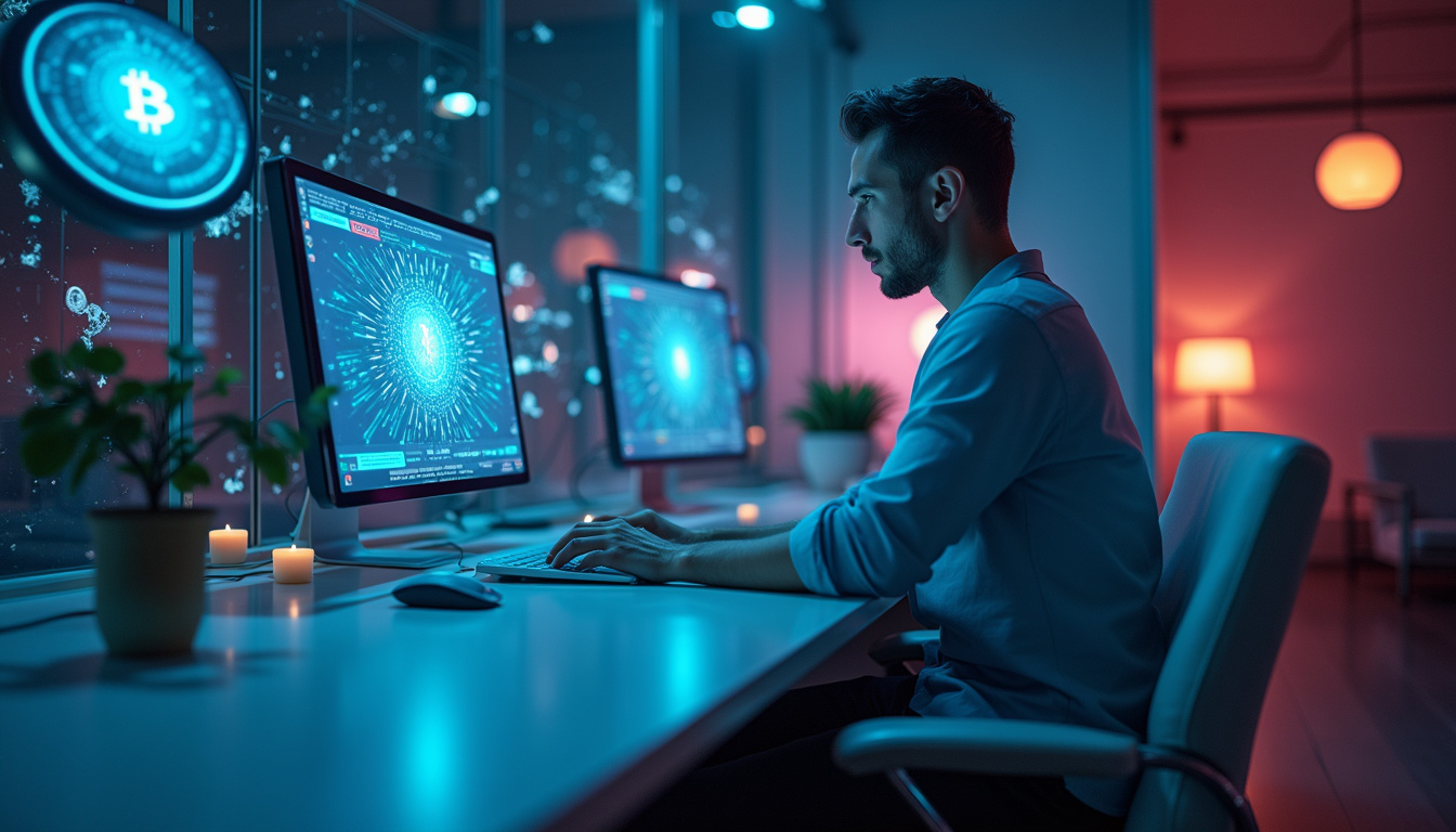  Digital ownership transforming into floating NFT keys and tokens, sleek co-working space, cinematic lighting