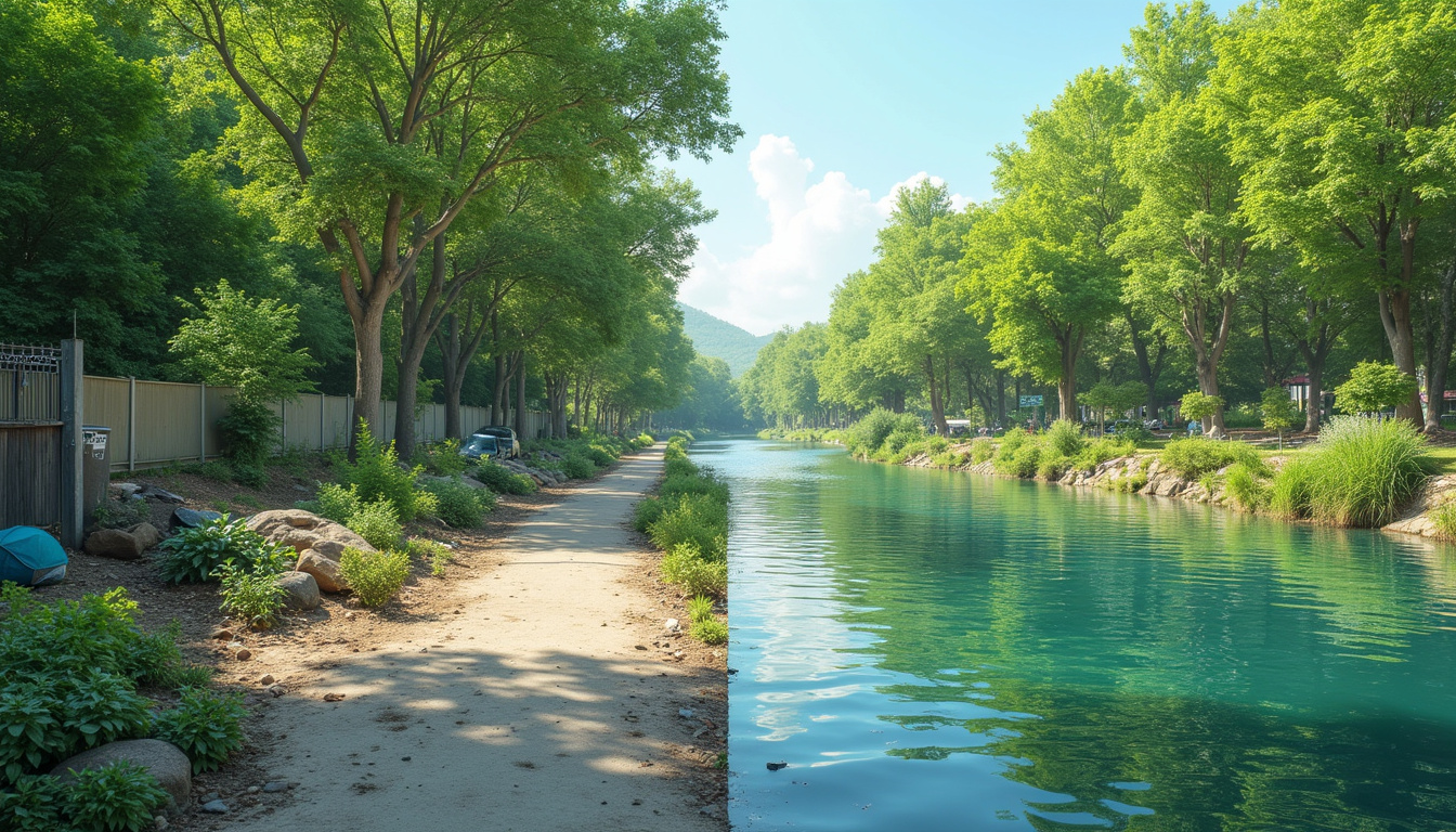 Split-scene: budget DIY cleanup, cluttered riverbank transformed into clean green community park