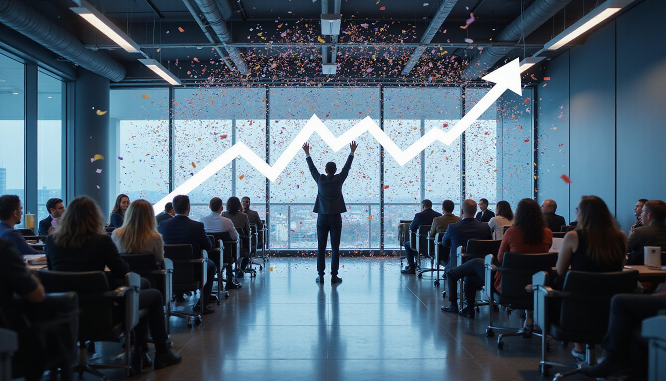  Rising revenue graph overlaying full waiting room, staff celebrating, digital notification confetti