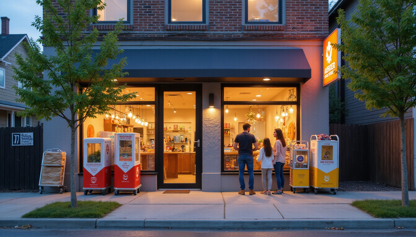 Evening neighborhood storefront with branded pickup pods, smartphone order confirmation, happy families, upward revenue arrow