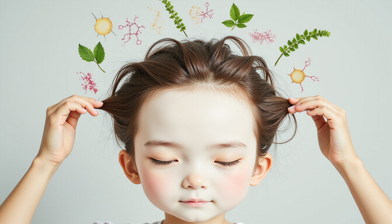  Before-and-after montage: balding crown transforming to thick hair, botanical extracts and molecular diagrams