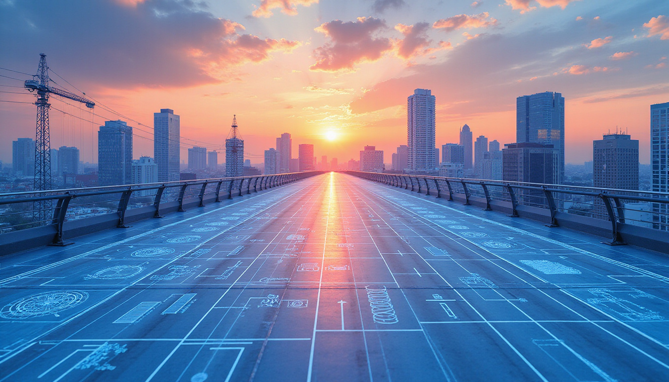 Blueprint cityscape of product sketches and flowcharts, sunrise over skyline, momentum, isometric technical style