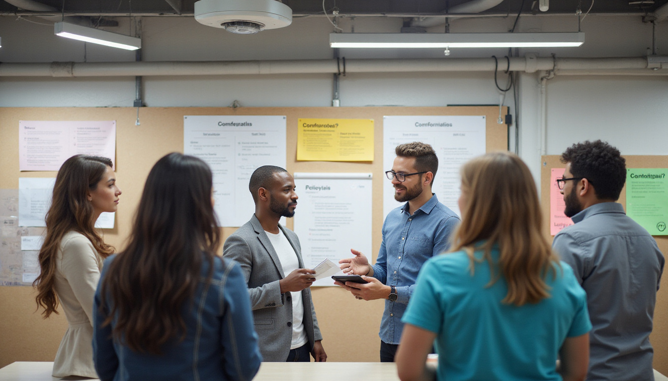 Store manager training staff with compliance checklist, security camera overhead, clear policy posters