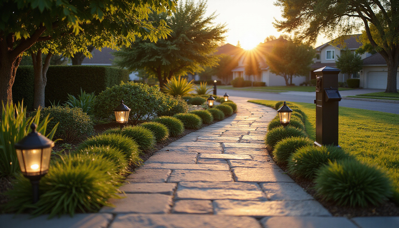  Curbside transformation, neat stone pathway, solar lanterns, manicured shrubs, minimalist mailbox, golden hour