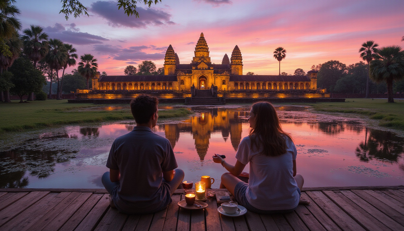  Tourists sipping tea on teak deck, ancient temple ruins glowing, colorful sky