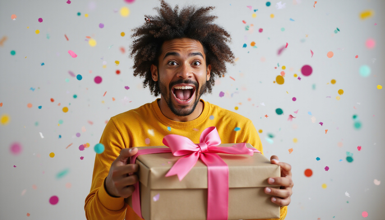  Joyful recipient unwrapping bespoke gift box, confetti explosion, surprised emotional expression