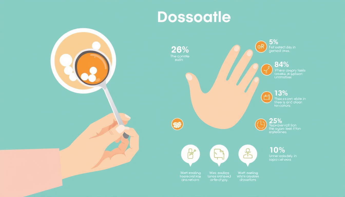 Professional dosage infographic: measuring spoon, tablet counts, elderly hand, warning icons, soft neutral palette