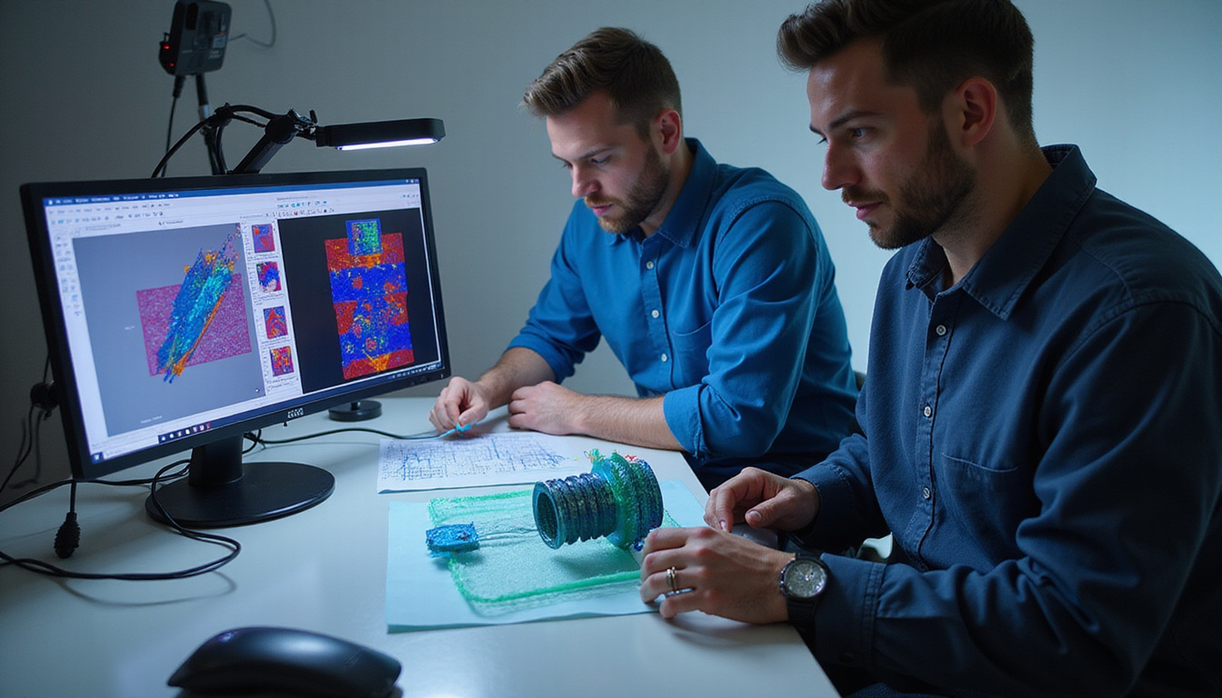 Engineers analyzing lightweight carbon-fiber energy-absorbing structure next to CAD topology-optimization visuals, studio lighting