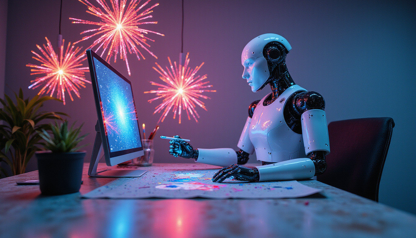 Robotic assistant painting as AI ideas explode like neon fireworks above a collaborative desk