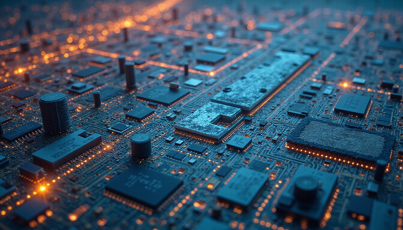 Massive layered circuitboard landscape, decentralized ledgers etched in silicon, validators as pillars