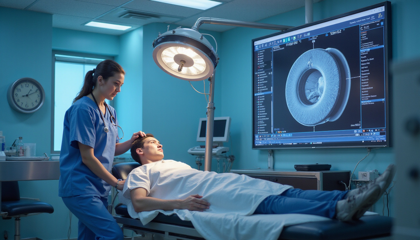 emergency room scene, doctor examining patient with saddle anesthesia, urgent MRI on screen