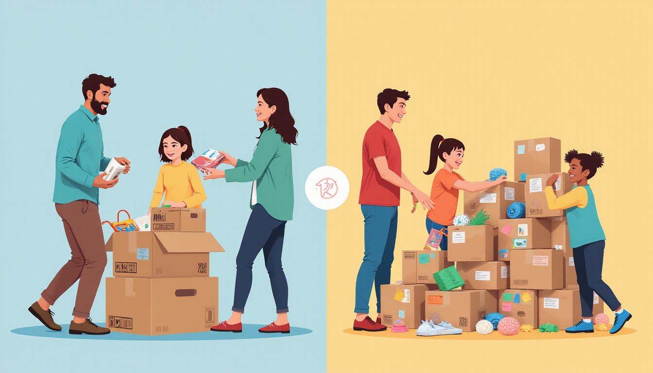 Dynamic action scene: family sorting boxes, color-coded labels, donation pile, before-and-after transformation